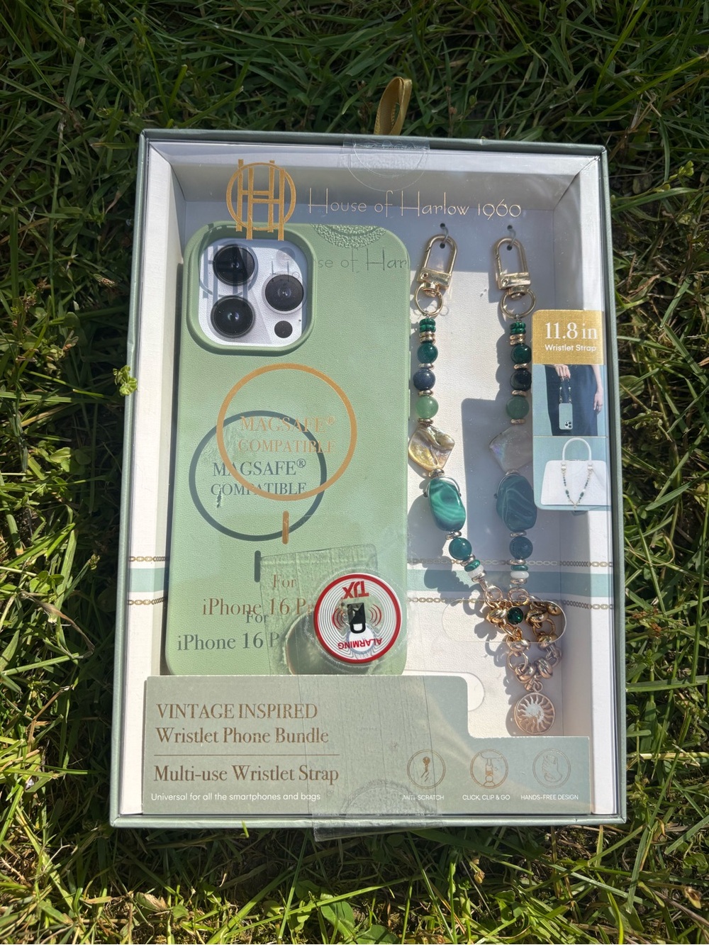 House of Harlow 1960 Green iPhone 16 Pro Wristlet Phone Bundle with Beaded Strap